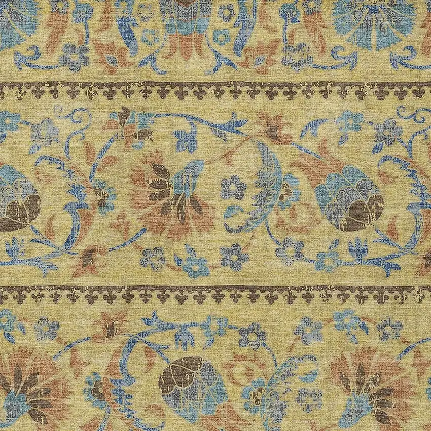 Gold And Teal Blue Floral Washable Indoor Outdoor Area Rug Photo 2