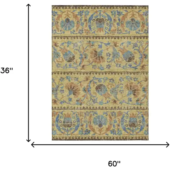 Gold And Teal Blue Floral Washable Indoor Outdoor Area Rug Photo 6