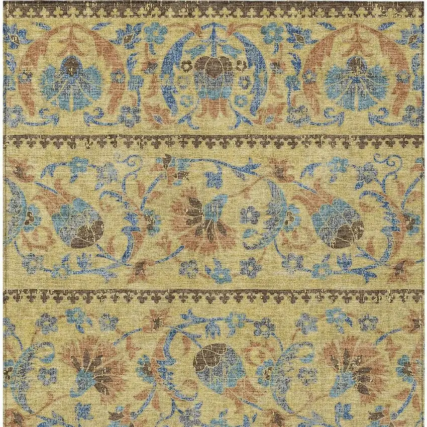 Gold And Teal Blue Floral Washable Indoor Outdoor Area Rug Photo 3