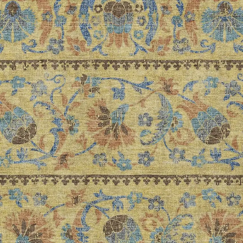 Gold And Teal Blue Floral Washable Indoor Outdoor Area Rug Photo 2