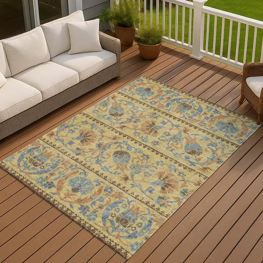 Gold And Teal Blue Floral Washable Indoor Outdoor Area Rug Photo 7