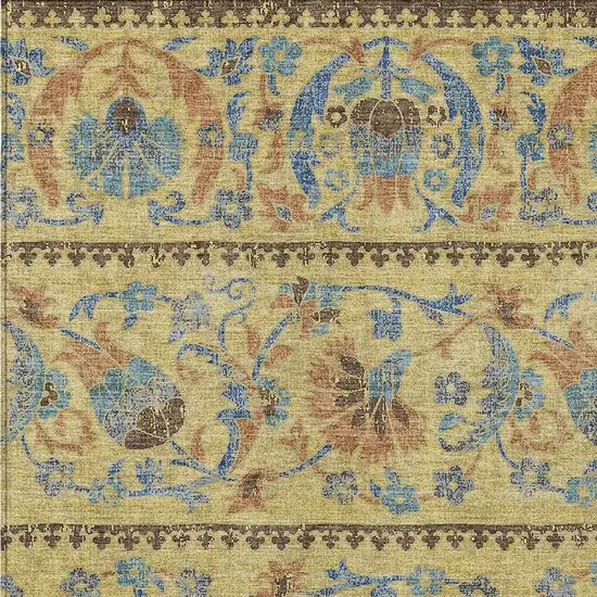 Gold And Teal Blue Floral Washable Indoor Outdoor Area Rug Photo 2