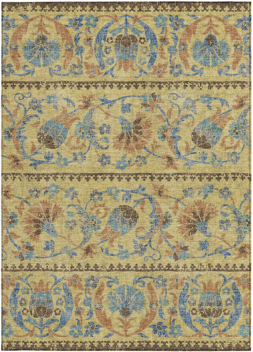 Gold And Teal Blue Floral Washable Indoor Outdoor Area Rug Photo 3