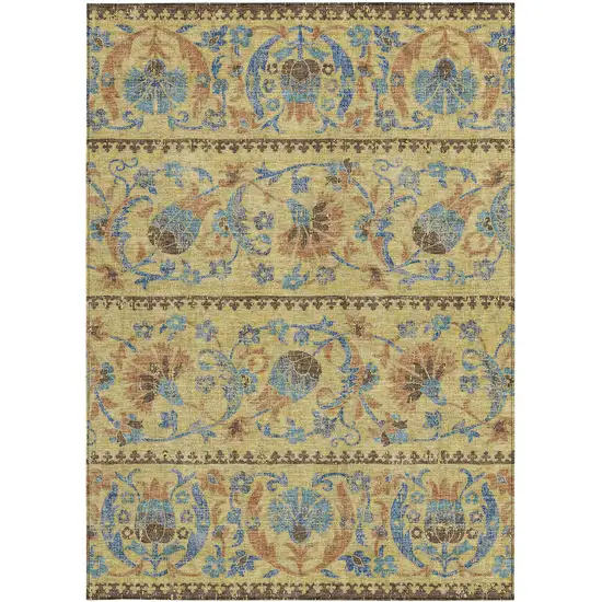 Gold And Teal Blue Floral Washable Indoor Outdoor Area Rug Photo 3