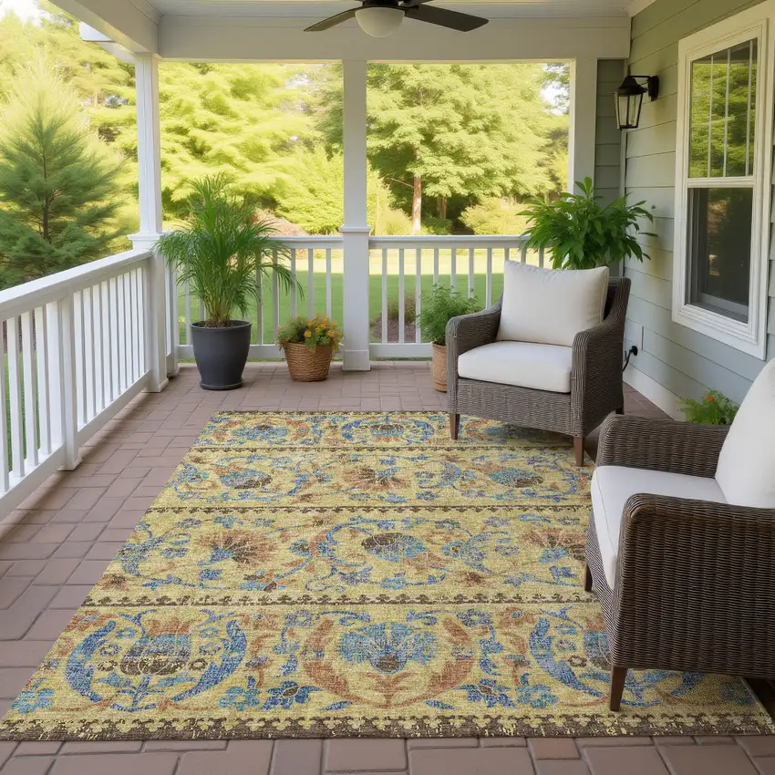 Gold And Teal Blue Floral Washable Indoor Outdoor Area Rug Photo 4