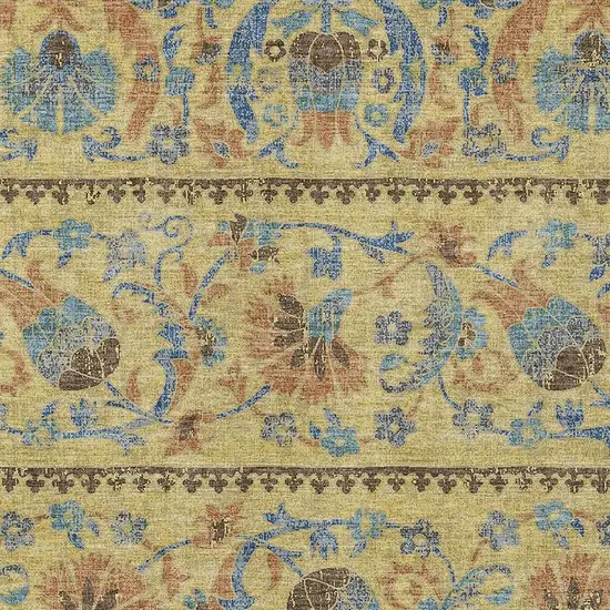 Gold And Teal Blue Floral Washable Indoor Outdoor Area Rug Photo 2
