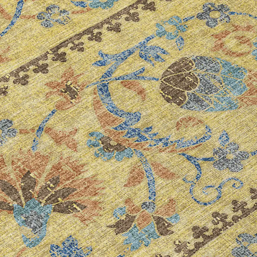 Gold And Teal Blue Floral Washable Indoor Outdoor Area Rug Photo 9
