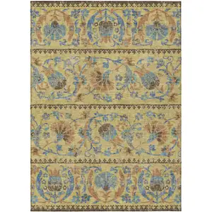 Photo of Gold And Teal Blue Floral Washable Indoor Outdoor Area Rug