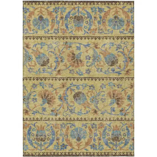 Gold And Teal Blue Floral Washable Indoor Outdoor Area Rug Photo 1