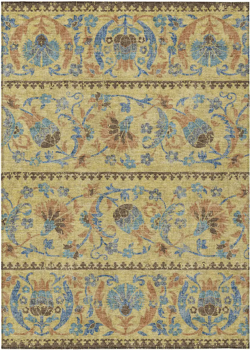 Gold And Teal Blue Floral Washable Indoor Outdoor Area Rug Photo 1