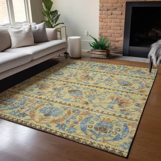 Gold And Teal Blue Floral Washable Indoor Outdoor Area Rug Photo 5