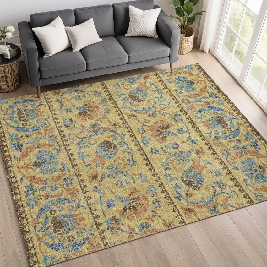 Gold And Teal Blue Floral Washable Indoor Outdoor Area Rug Photo 6