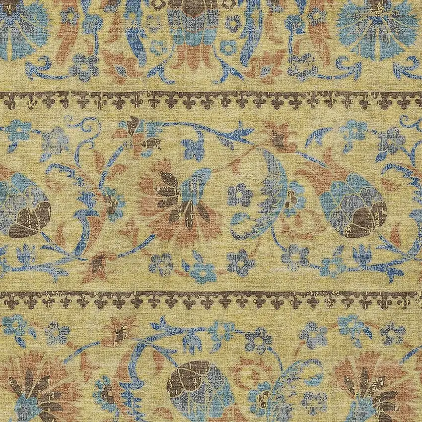 Gold And Teal Blue Floral Washable Indoor Outdoor Area Rug Photo 2