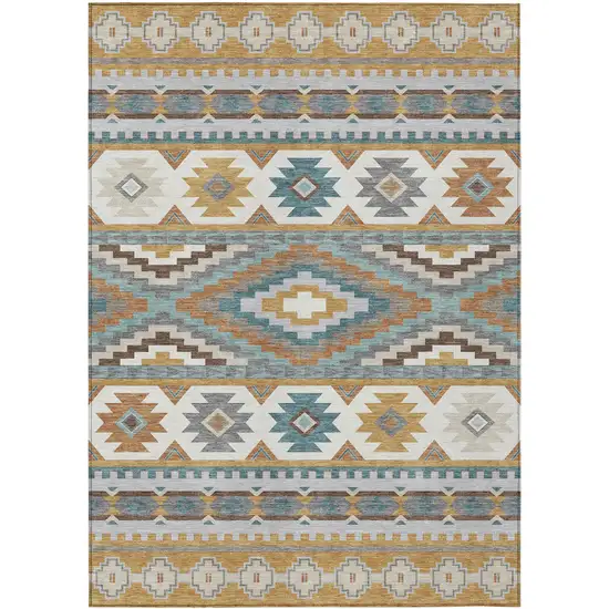 Gold And Teal Blue Southwestern Washable Indoor Outdoor Area Rug Photo 1