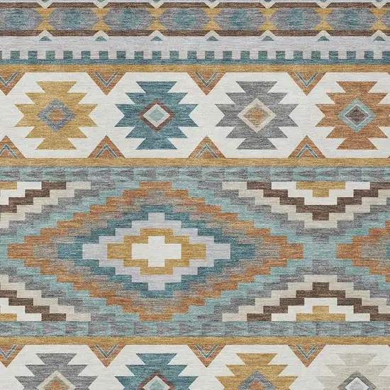 Gold And Teal Blue Southwestern Washable Indoor Outdoor Area Rug Photo 2