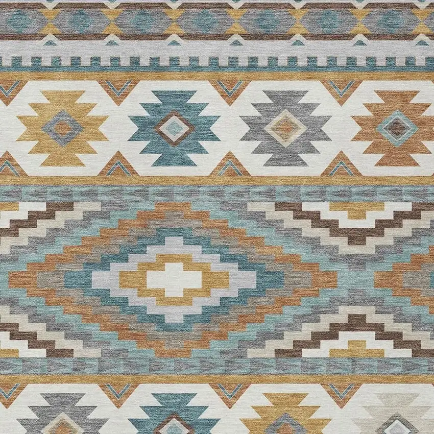 Gold And Teal Blue Southwestern Washable Indoor Outdoor Area Rug Photo 2