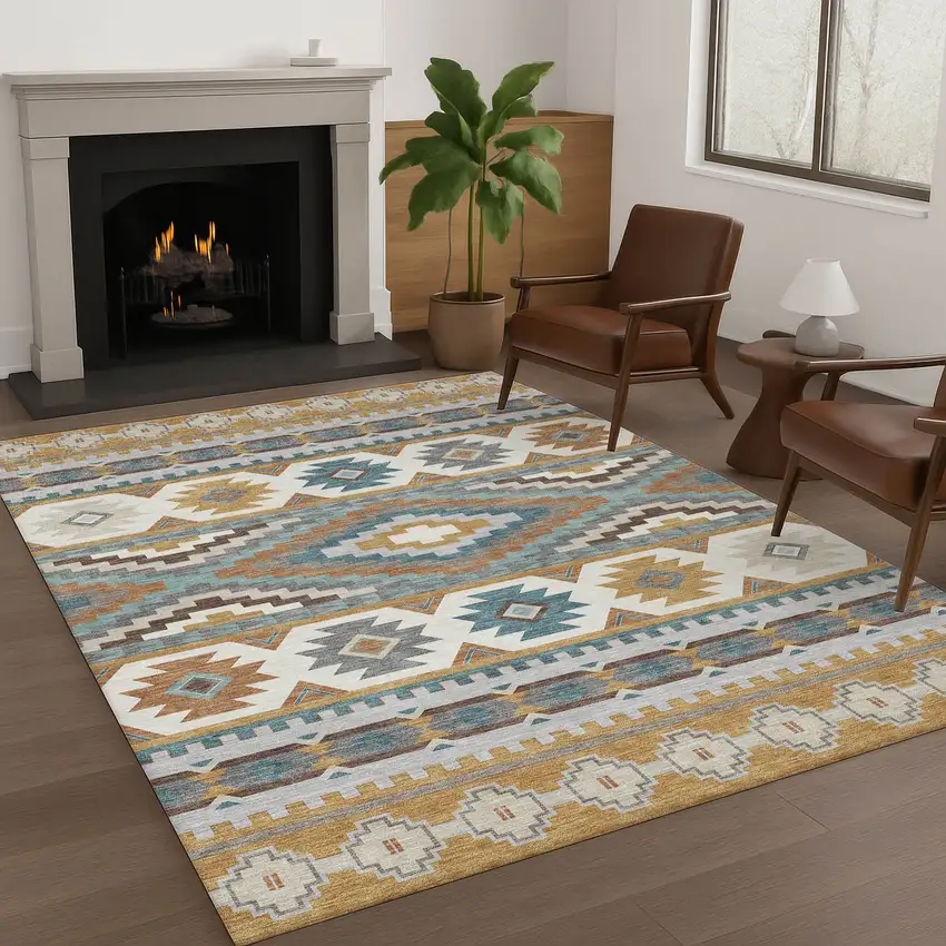 Gold And Teal Blue Southwestern Washable Indoor Outdoor Area Rug Photo 6