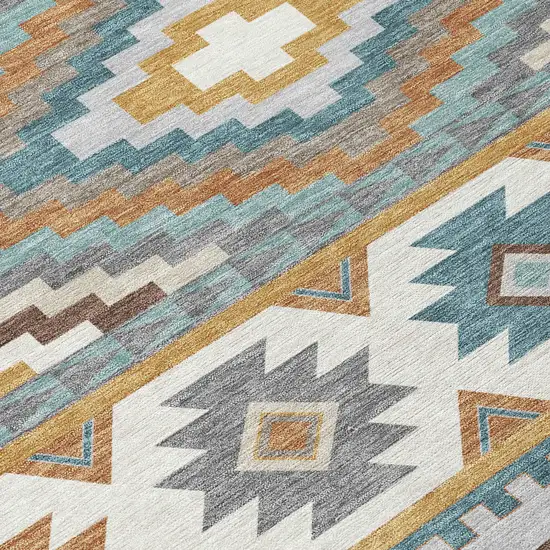 Gold And Teal Blue Southwestern Washable Indoor Outdoor Area Rug Photo 9