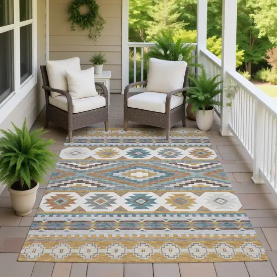 Gold And Teal Blue Southwestern Washable Indoor Outdoor Area Rug Photo 7