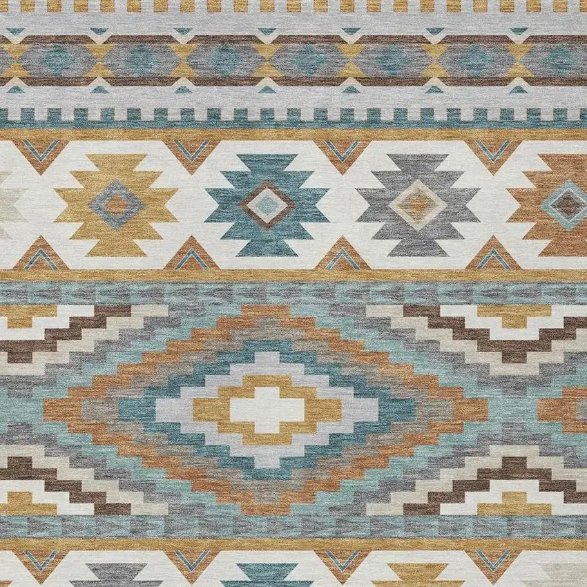 Gold And Teal Blue Southwestern Washable Indoor Outdoor Area Rug Photo 2