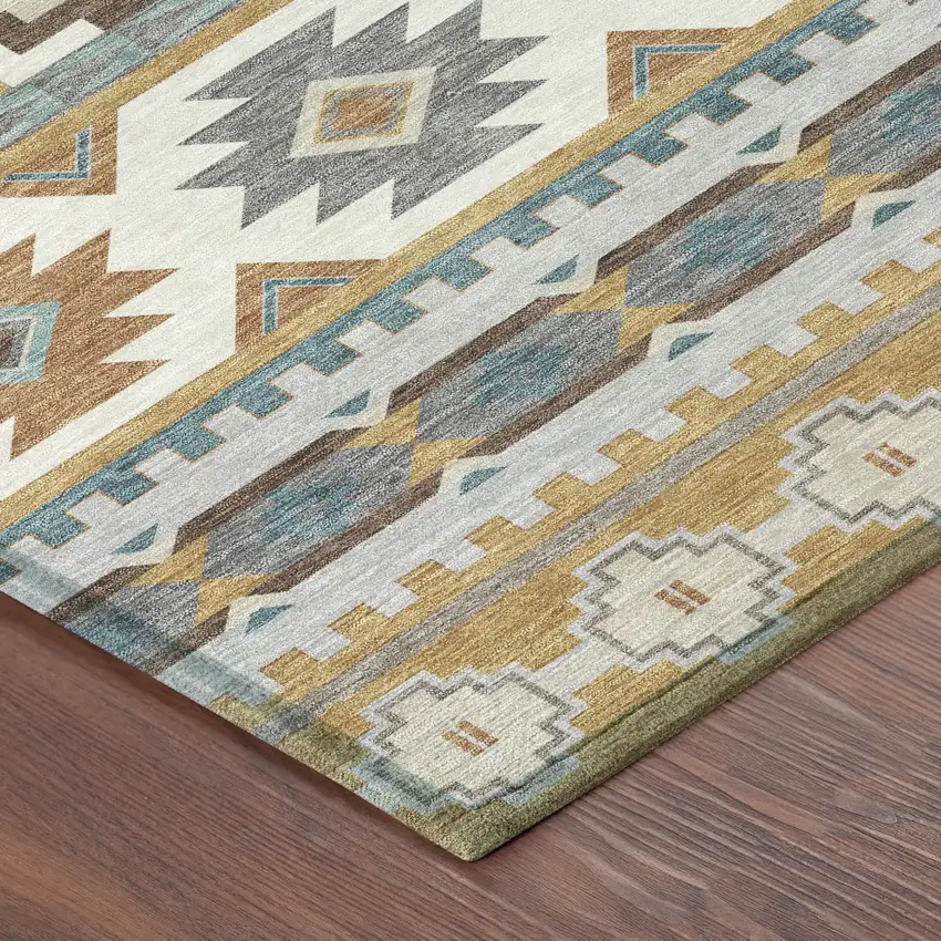 Gold And Teal Blue Southwestern Washable Indoor Outdoor Area Rug Photo 8