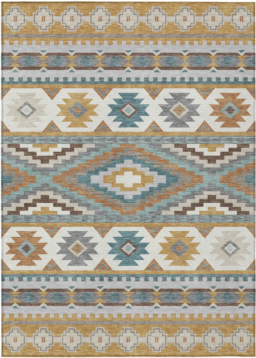 Gold And Teal Blue Southwestern Washable Indoor Outdoor Area Rug Photo 1