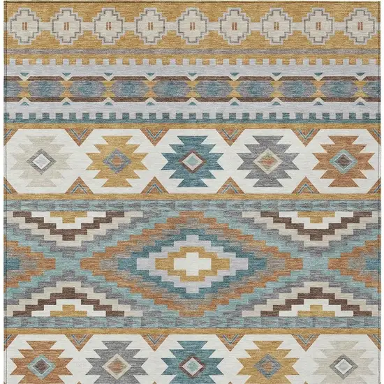 Gold And Teal Blue Southwestern Washable Indoor Outdoor Area Rug Photo 3