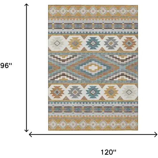 Gold And Teal Blue Southwestern Washable Indoor Outdoor Area Rug Photo 6