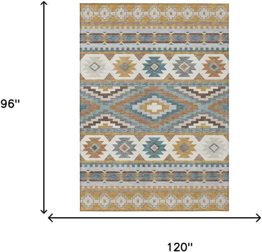 Gold And Teal Blue Southwestern Washable Indoor Outdoor Area Rug Photo 6