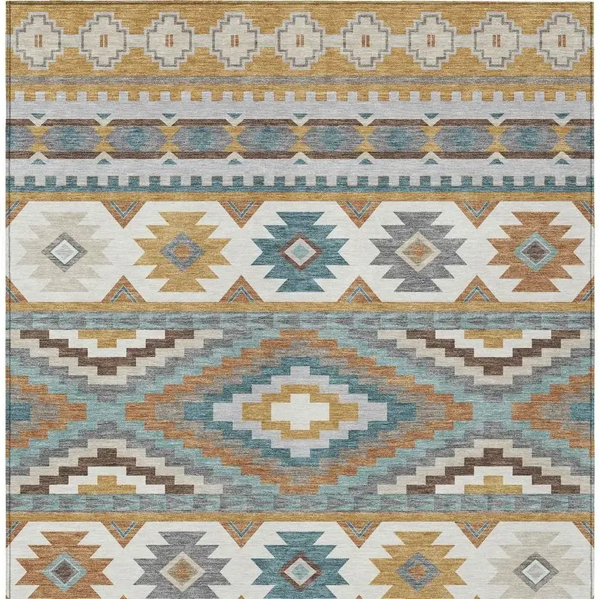 Gold And Teal Blue Southwestern Washable Indoor Outdoor Area Rug Photo 3