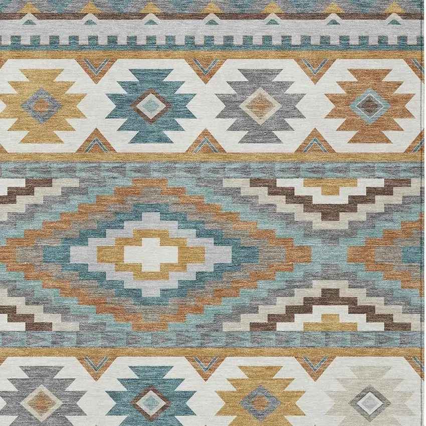 Gold And Teal Blue Southwestern Washable Indoor Outdoor Area Rug Photo 2