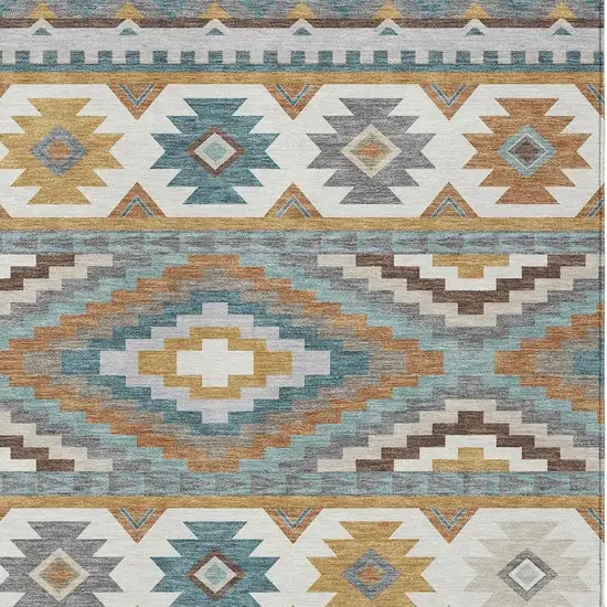 Gold And Teal Blue Southwestern Washable Indoor Outdoor Area Rug Photo 2