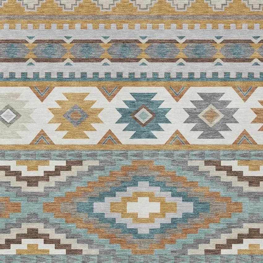 Gold And Teal Blue Southwestern Washable Indoor Outdoor Area Rug Photo 2