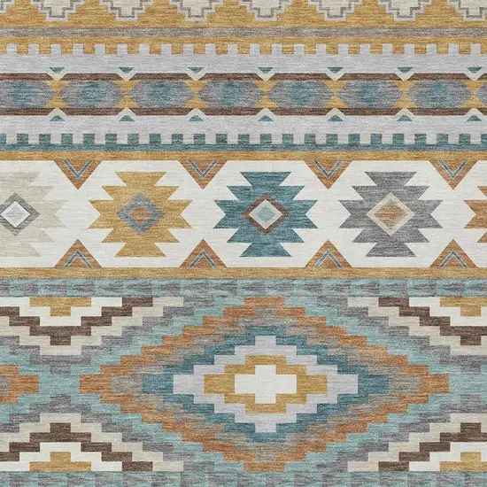 Gold And Teal Blue Southwestern Washable Indoor Outdoor Area Rug Photo 2