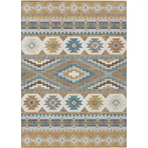 Photo of Gold And Teal Blue Southwestern Washable Indoor Outdoor Area Rug