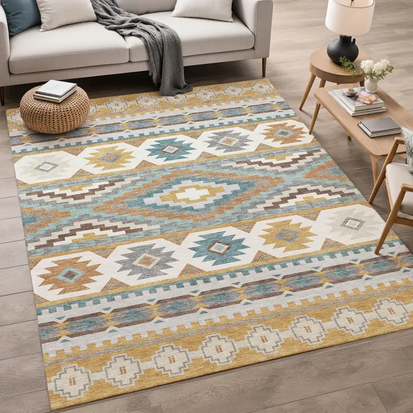 Gold And Teal Blue Southwestern Washable Indoor Outdoor Area Rug Photo 5