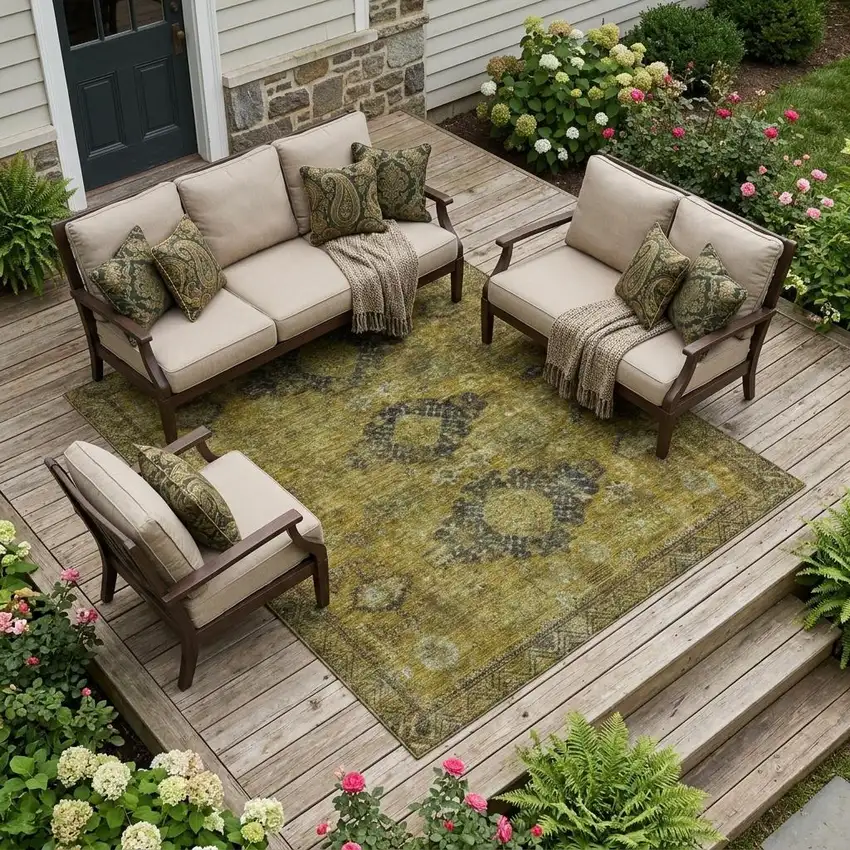 Gold And Walnut Oriental Washable Indoor Outdoor Area Rug Photo 1