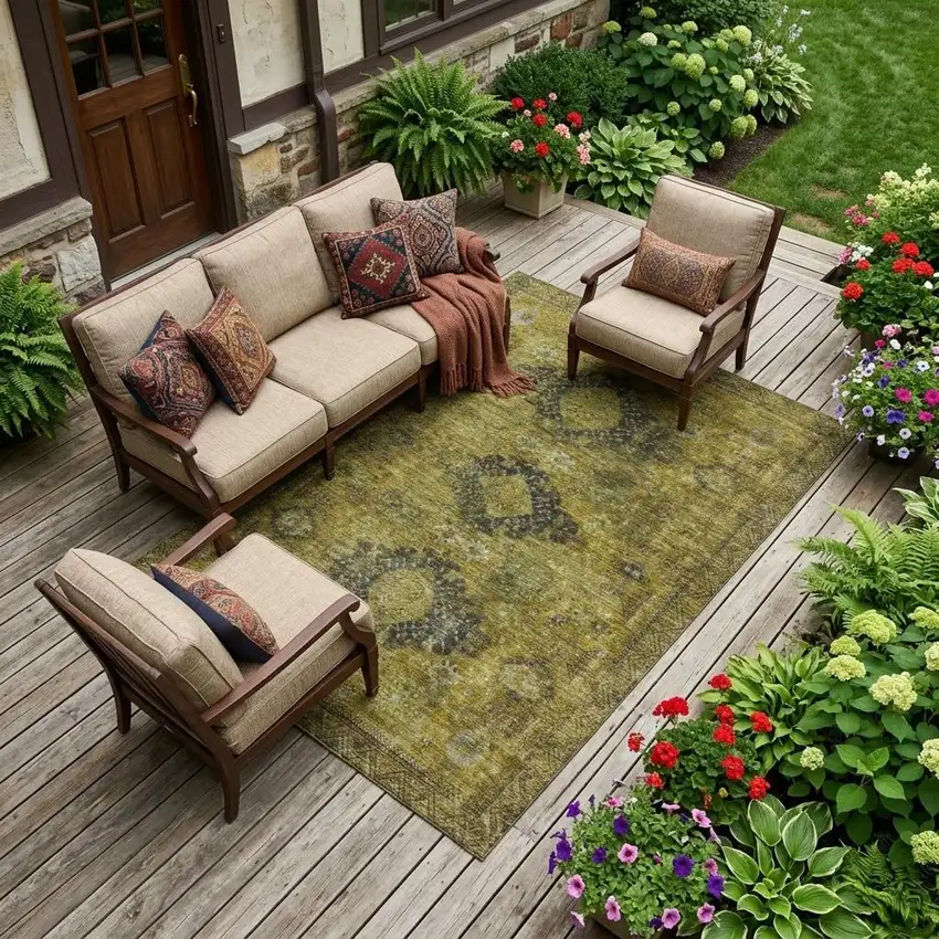 Gold And Walnut Oriental Washable Indoor Outdoor Area Rug Photo 1