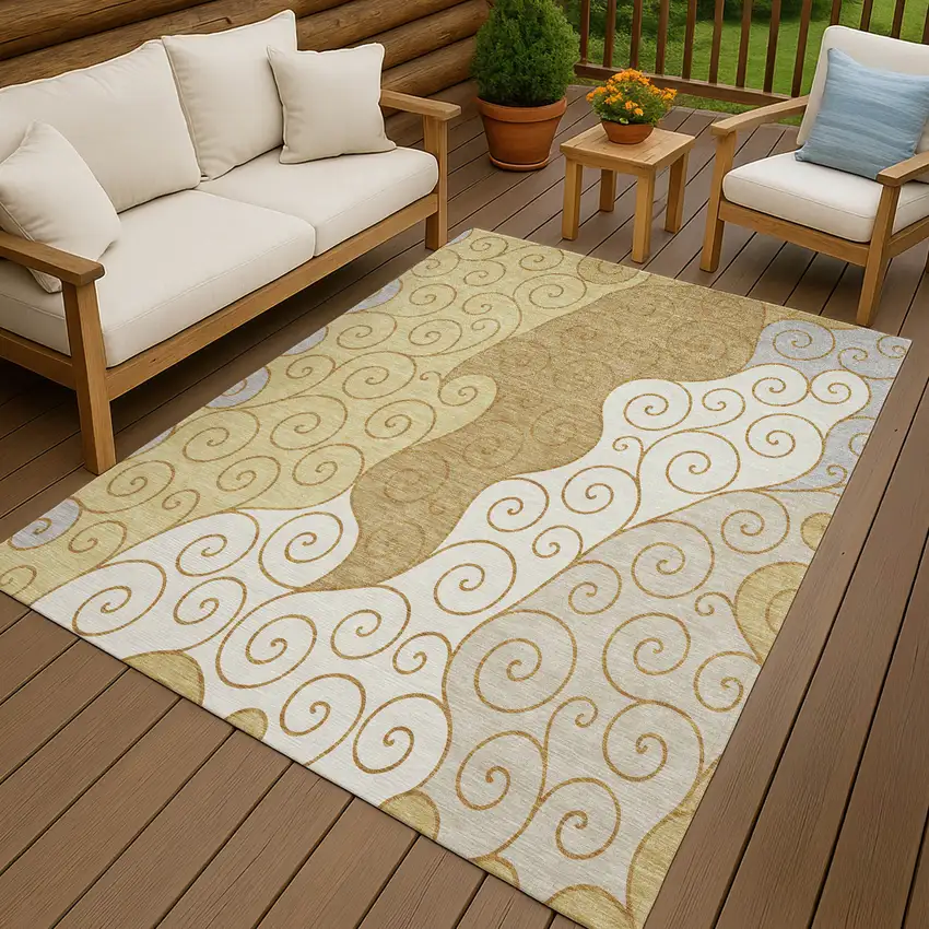 Gold And Wheat Abstract Washable Indoor Outdoor Area Rug Photo 4