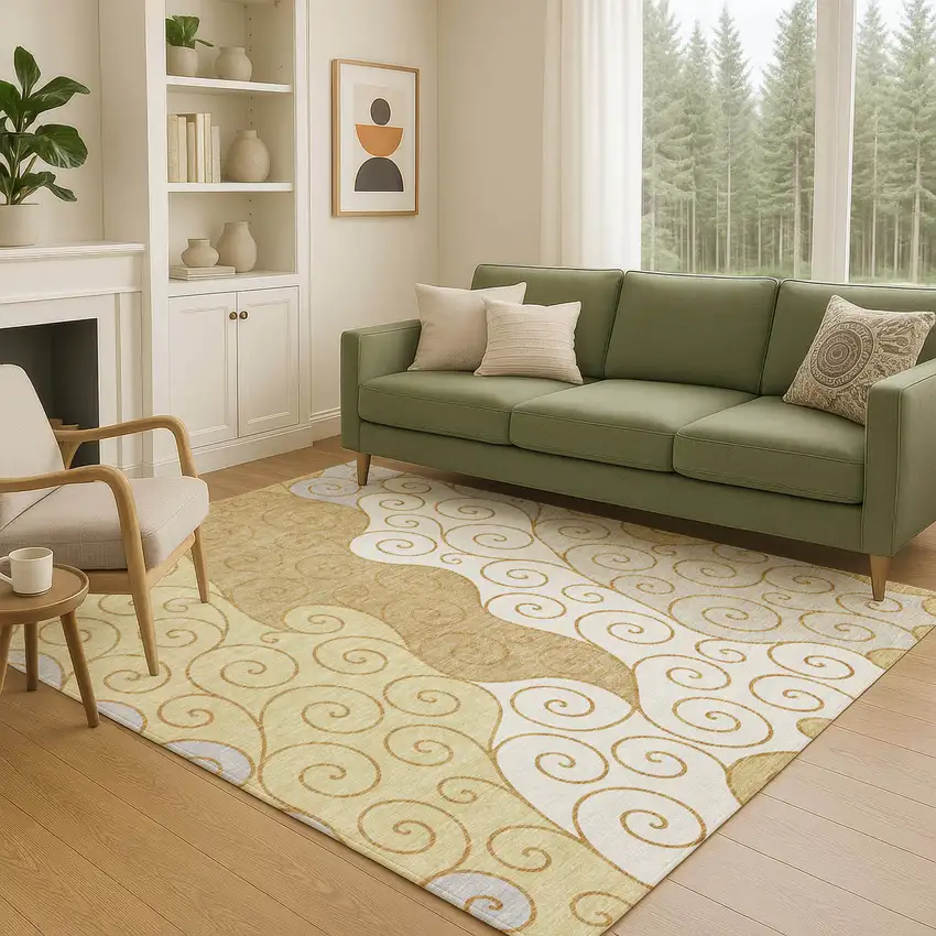Gold And Wheat Abstract Washable Indoor Outdoor Area Rug Photo 5