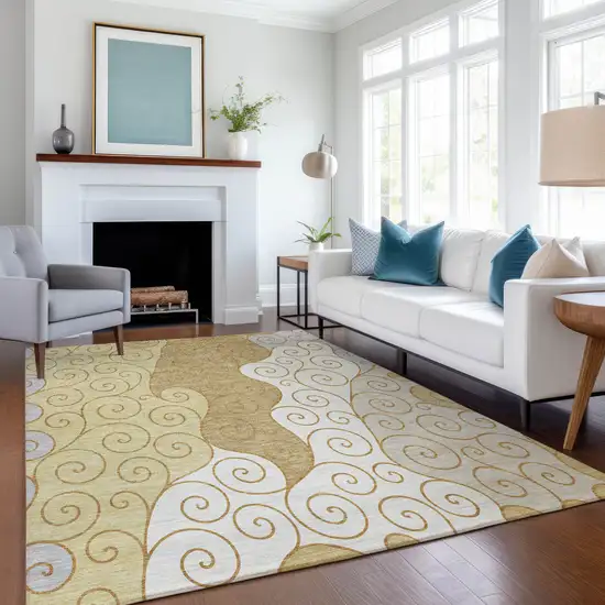 Gold And Wheat Abstract Washable Indoor Outdoor Area Rug Photo 6