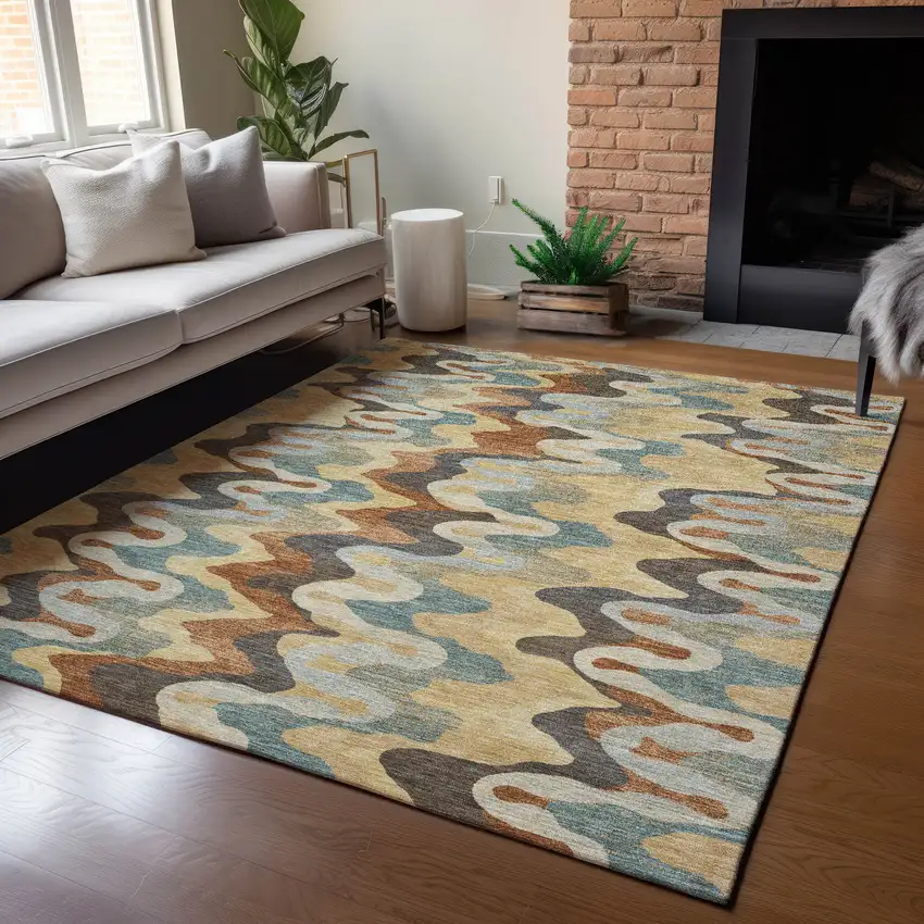 Gold And Wheat Abstract Washable Indoor Outdoor Area Rug Photo 5