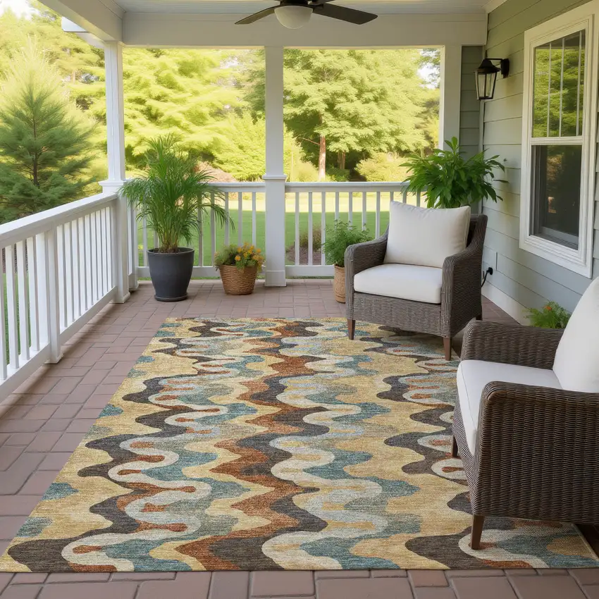 Gold And Wheat Abstract Washable Indoor Outdoor Area Rug Photo 4