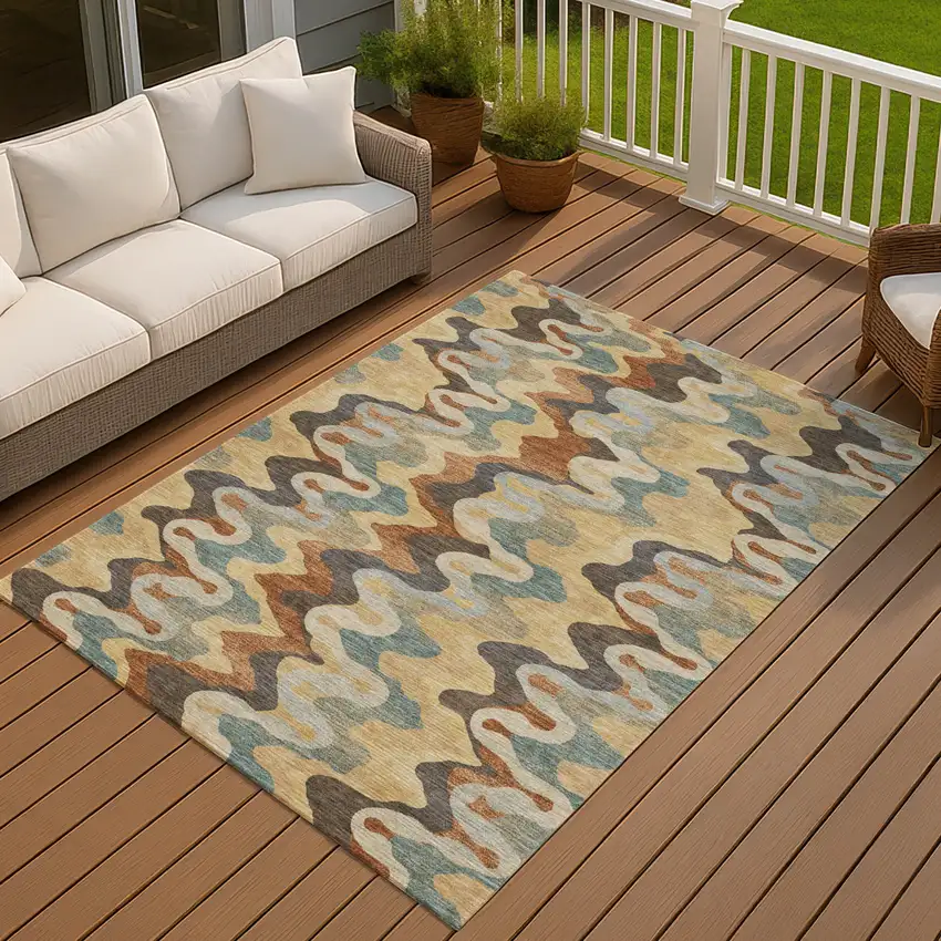Gold And Wheat Abstract Washable Indoor Outdoor Area Rug Photo 7