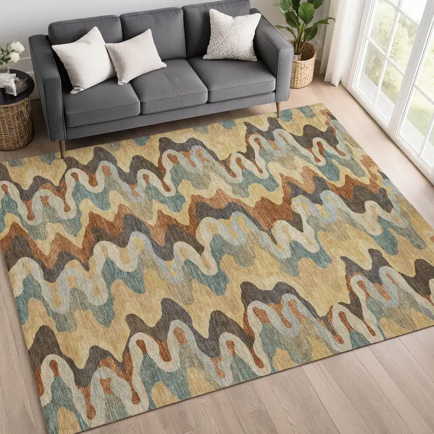 Gold And Wheat Abstract Washable Indoor Outdoor Area Rug Photo 6