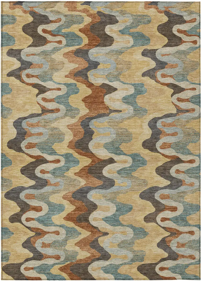 Gold And Wheat Abstract Washable Indoor Outdoor Area Rug Photo 1