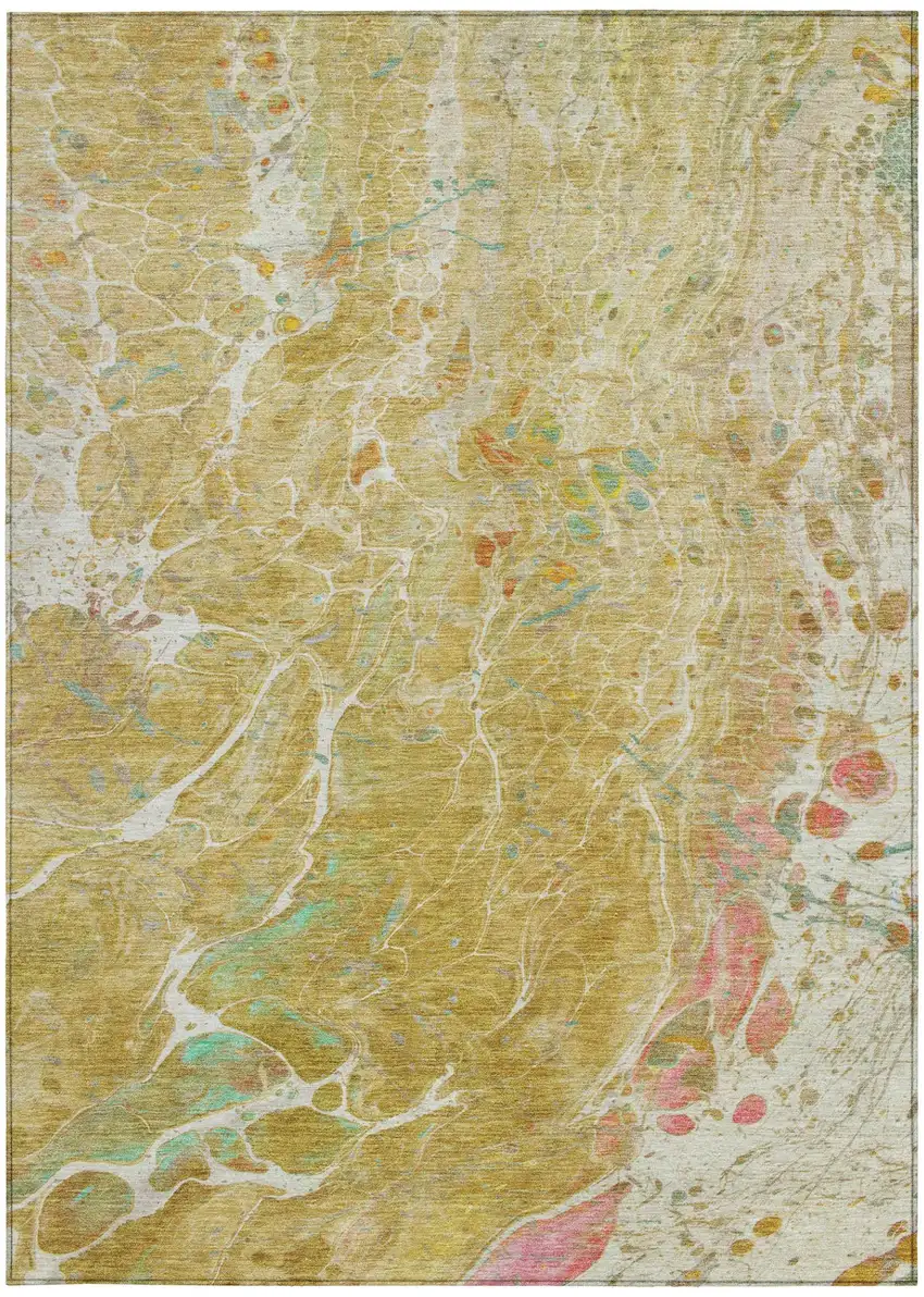 Gold And Wheat Abstract Washable Indoor Outdoor Area Rug Photo 4