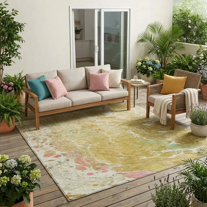 Gold And Wheat Abstract Washable Indoor Outdoor Area Rug Photo 1