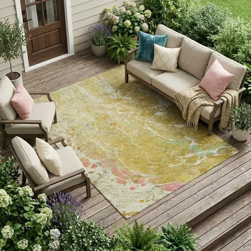 Gold And Wheat Abstract Washable Indoor Outdoor Area Rug Photo 1