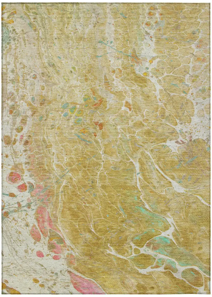 Gold And Wheat Abstract Washable Indoor Outdoor Area Rug Photo 2